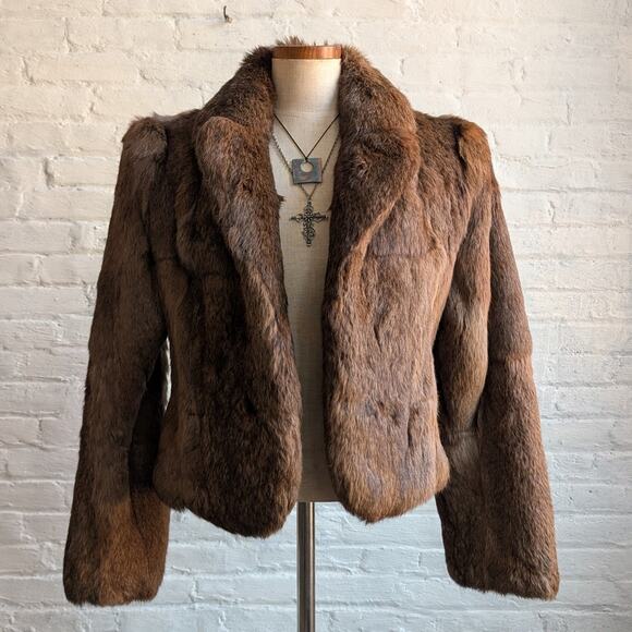 Vintage Jackets & Blazers - Vintage Brown Rabbit Fur Coat Crop Penny Lane Shaggy Furry Chic Mod Jacket